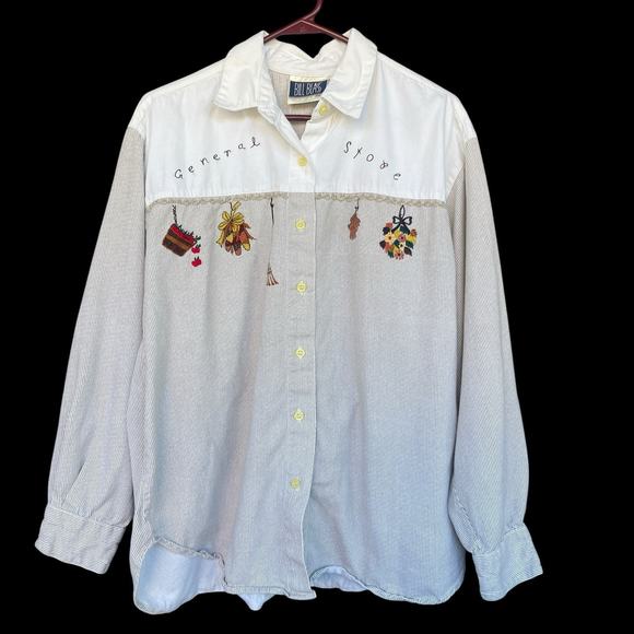 Vintage Bill Blass Womens Button Up Shirt Large Cotton Brown Striped Embroidered - Picture 1 of 10
